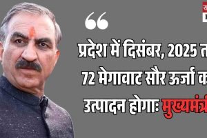 प्रदेश में दिसंबर, 2025 तक 72 मेगावाट सौर ऊर्जा का उत्पादन होगाः मुख्यमंत्री