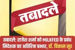 तबादले: राजेश शर्मा को MILKFED के प्रबंध निदेशक का अतिरिक्त प्रभार, डॉ. विकास सूद और विश्व मोहन देव चौहान की बढ़ी जिम्‍मेवारी